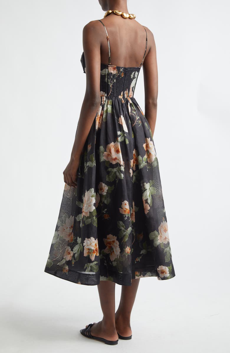 Zimmermann Kindred Spirit Luna Linen & Silk Organza Corset Midi Dress, Alternate, color, Black Rose
