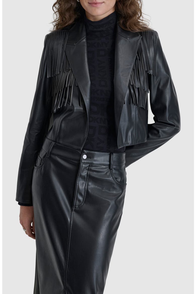 Fringe Detail Faux Leather Jacket, Main, color, BLACK