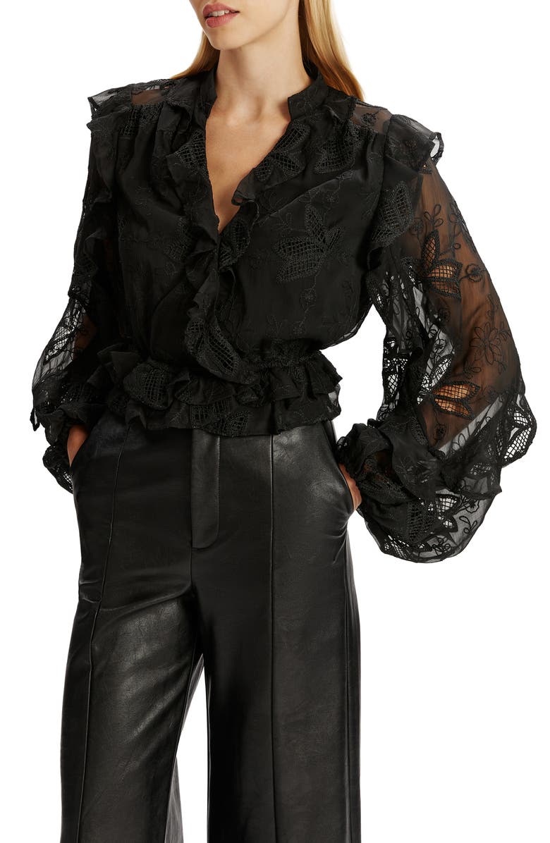 Bardot Embroidered Frill Top, Main, color, 