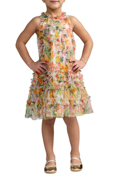 Girls Mesh Floral Print A-Line Dress