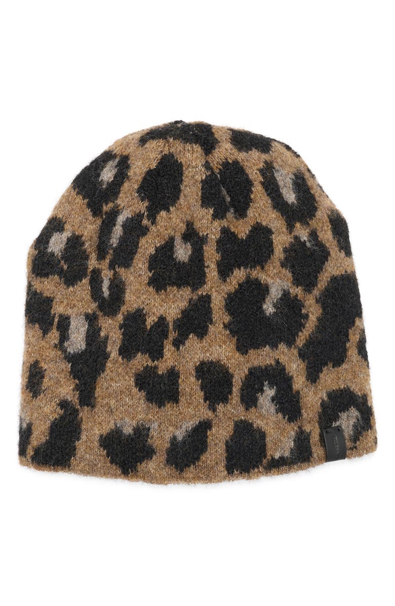 AllSaints Leopard Print Knit Beanie, Main, color, Natural