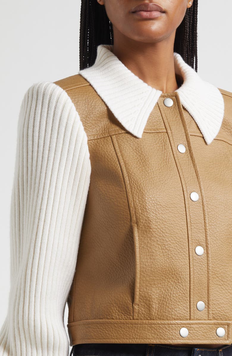 Cinq à Sept Ciara Knit Contrast Faux Leather Jacket, Alternate, color, Gold Maplewood/Ivory