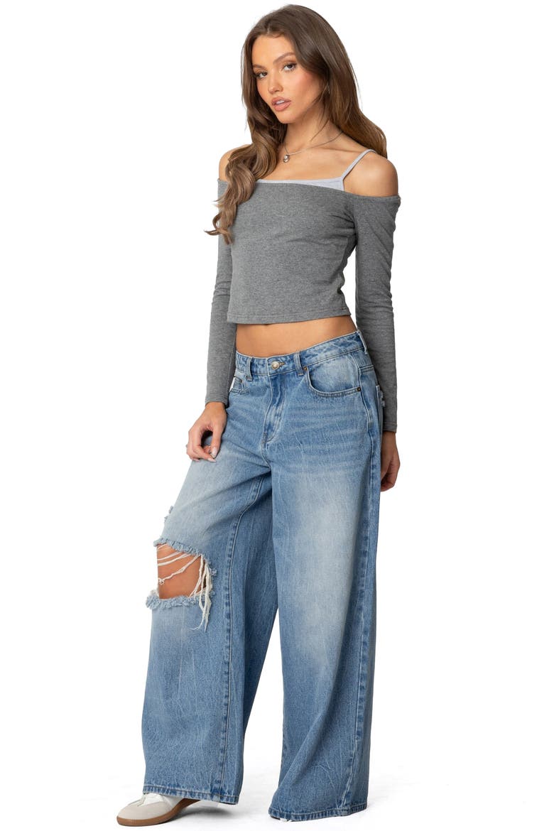 Layered Cold Shoulder Crop Top, Alternate, color, GRAY-MELANGE