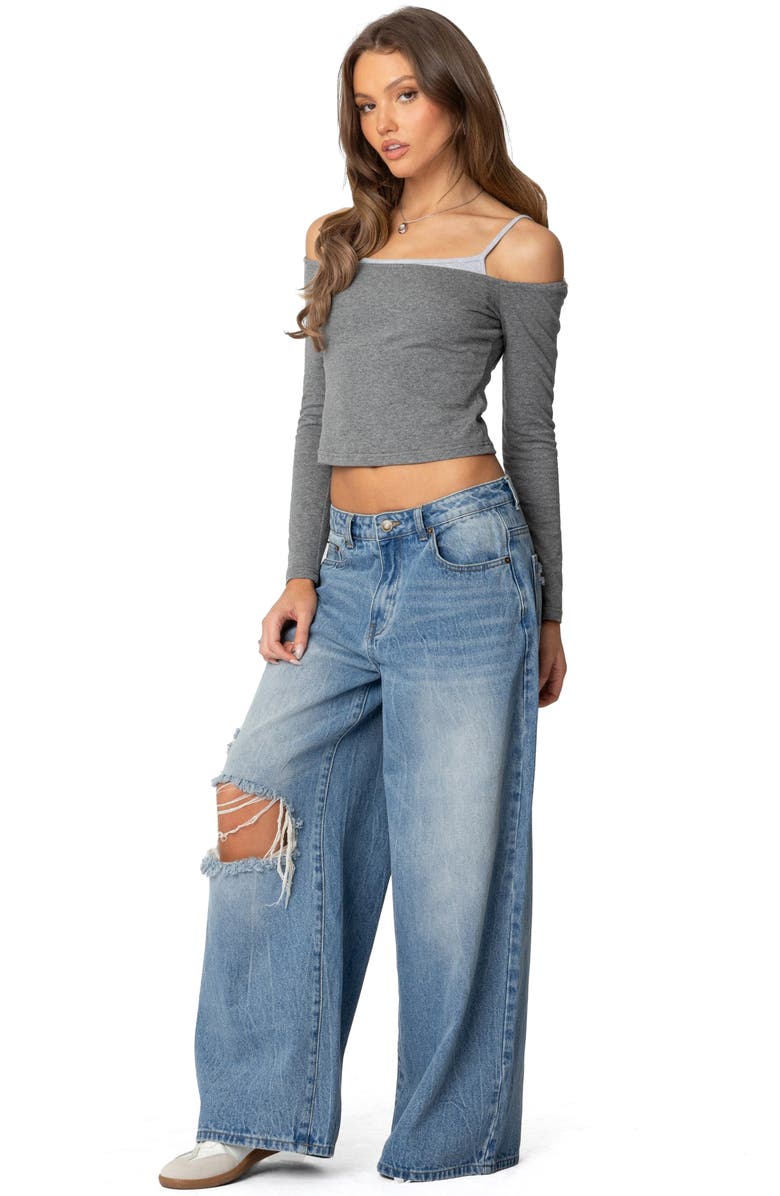 EDIKTED Layered Cold Shoulder Crop Top, Alternate, color, Gray-Melange