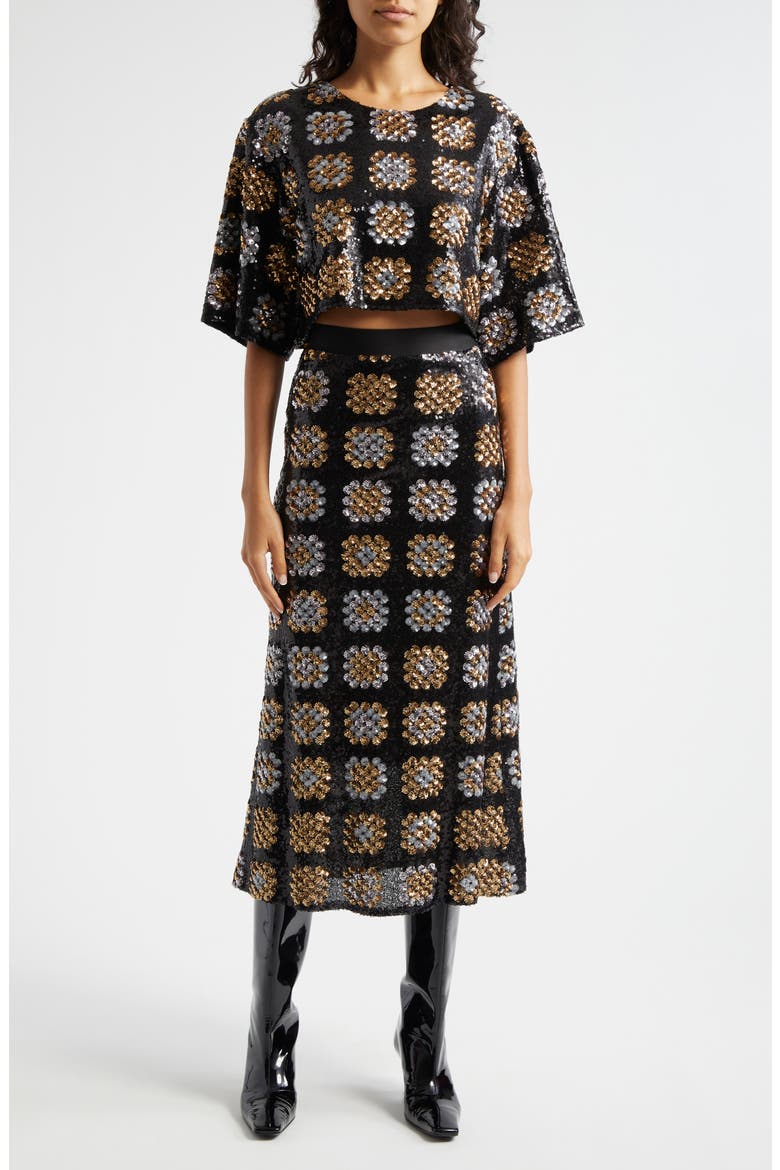 Sequin Midi Skirt, Alternate, color, BLACK GOLD