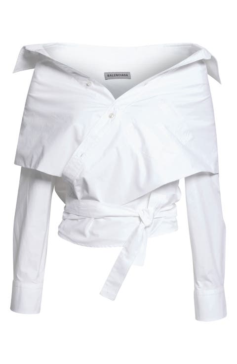 Off the Shoulder Cotton Poplin Wrap Shirt