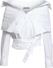 Balenciaga Off the Shoulder Cotton Poplin Wrap Shirt