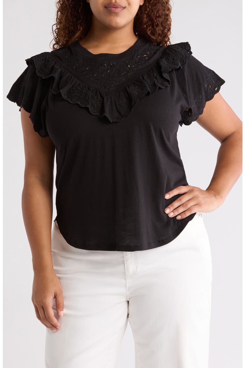 Eyelet Ruffle T-Shirt, Main, color, BLACK