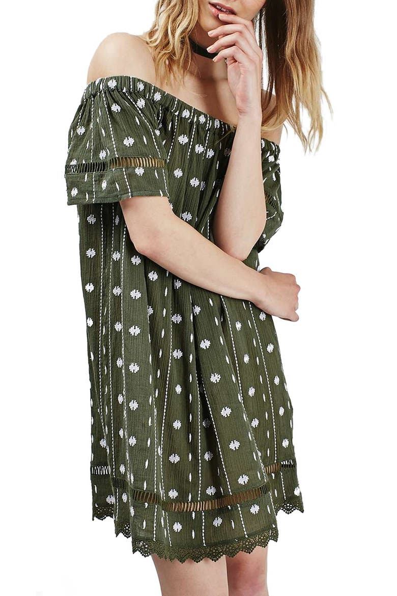 Embroidered Off the Shoulder Dress, Alternate, color, OLIVE