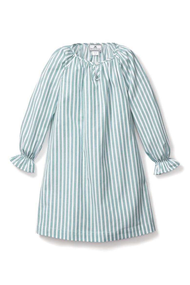 Kids' Delphine Emerald Ticking Stripe Cotton Blend Twill Nightgown, Alternate, color, GREEN