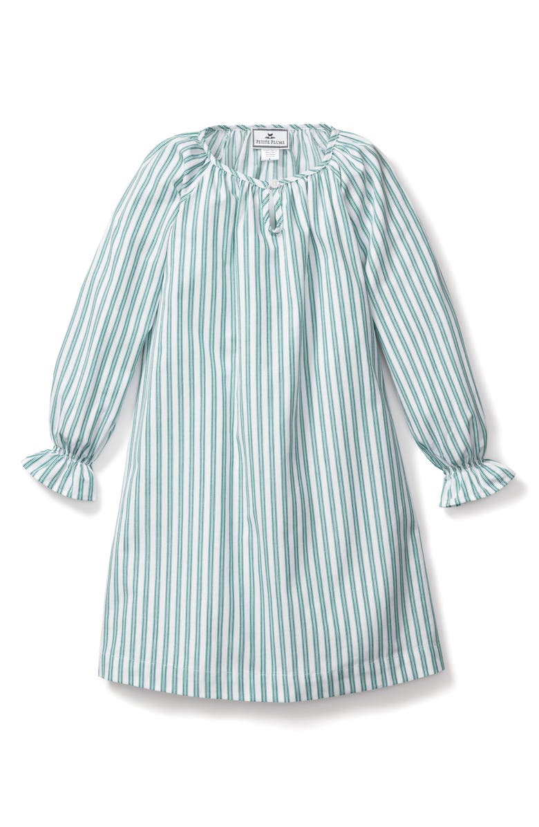 Petite Plume Kids' Delphine Emerald Ticking Stripe Cotton Blend Twill Nightgown, Alternate, color,
