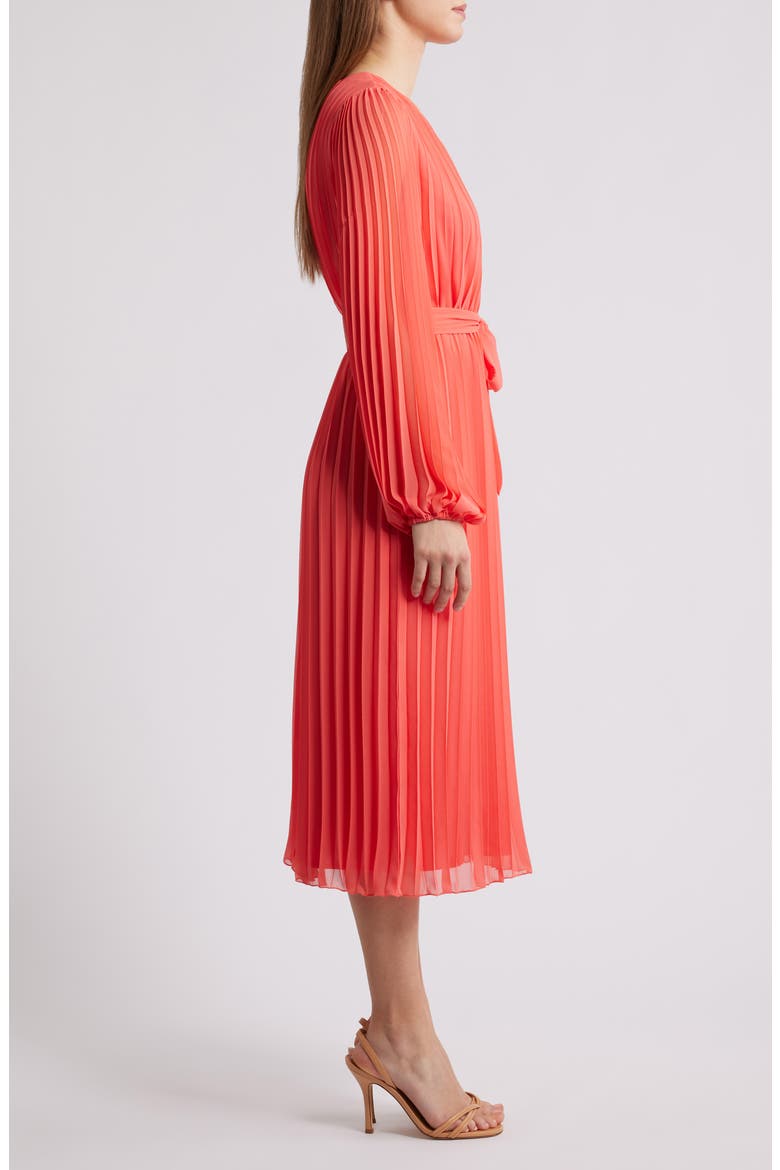 Pleated Long Sleeve Dress, Alternate, color, CORAL