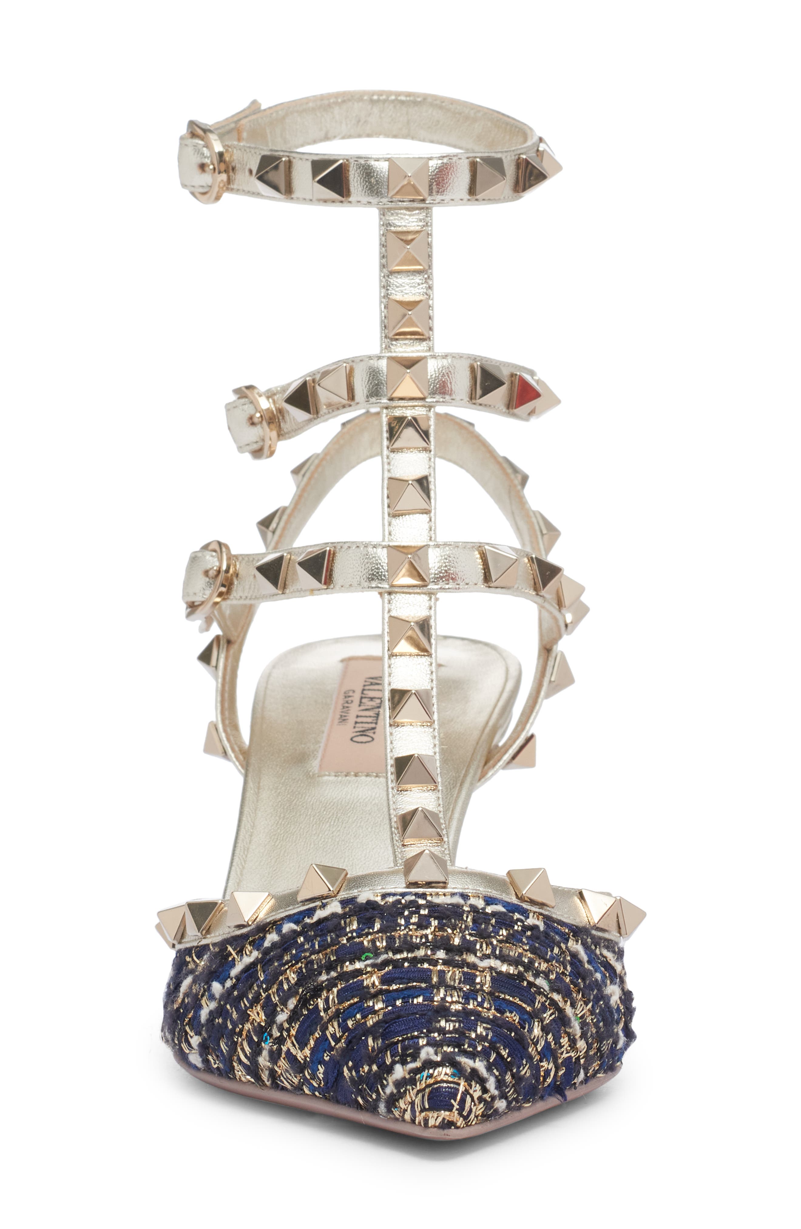 Valentino Garavani Rockstud Metallic Tweed T-Strap Pointed Toe Pump, Alternate, color, 