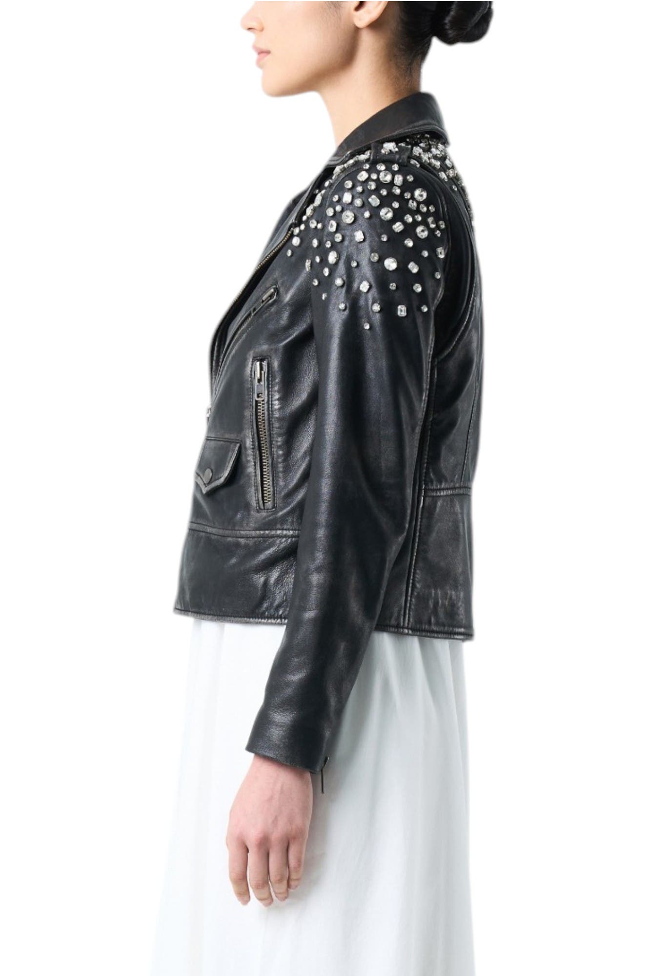 Leather biker jacket for women with crystals - image 2
