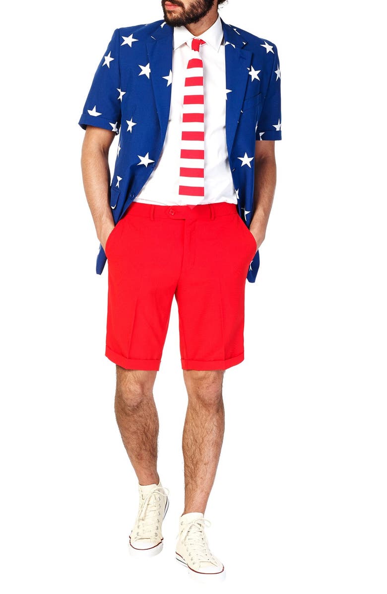 OppoSuits Summer Stars & Stripes' Trim Fit Short Suit with Tie, Main, color,