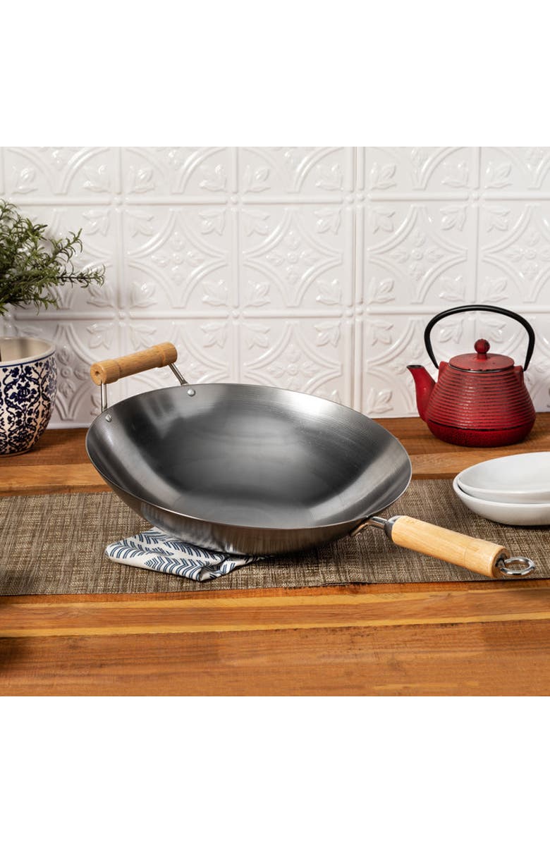 JOYCE CHEN Round Bottom Carbon Steel Wok with Birch Handles, 14 inch, Alternate, color, Metallic Silver