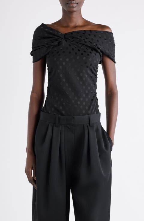 Esen Polka Dot Jacquard Draped Stretch Silk Top