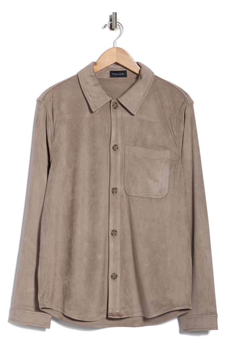 Tahari Faux Suede Overshirt, Alternate, color, Warm Grey