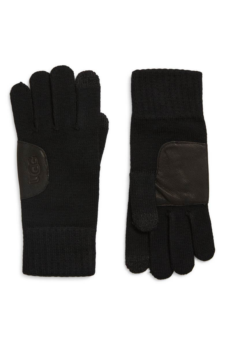UGG<sup>®</sup> Leather Patch Knit Gloves, Main, color, Black