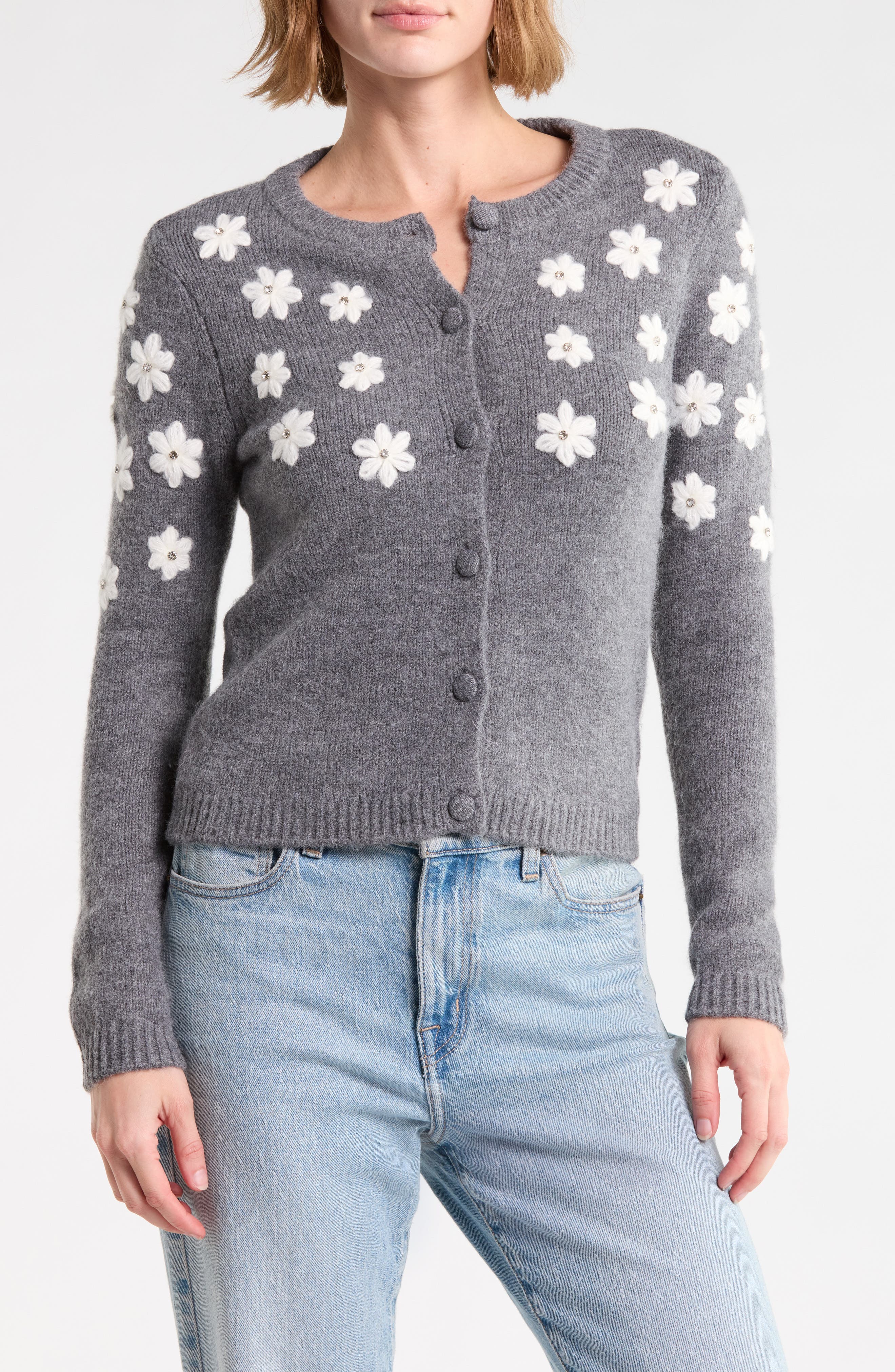 Floral Appliqué Crewneck Cardigan