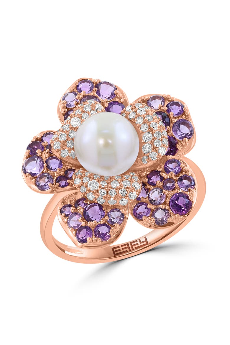 14K Rose Gold Diamond Amethyst & Fresh Water Pearl Flower Statement Ring, Main, color, 14K Gold