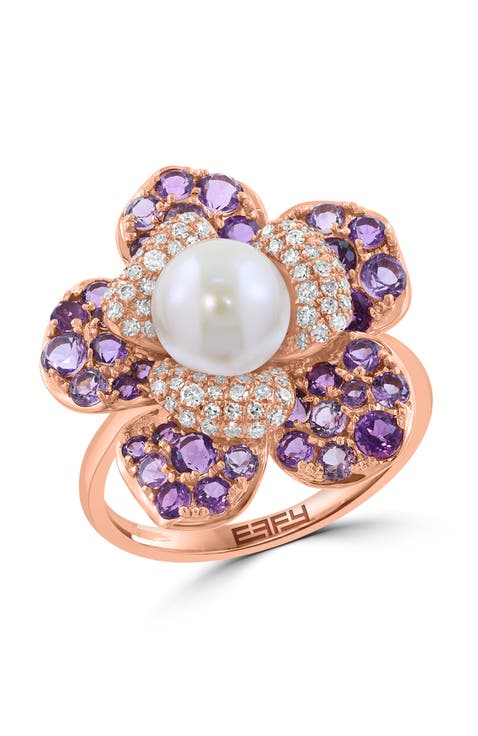 14K Rose Gold Diamond Amethyst & Fresh Water Pearl Flower Statement Ring