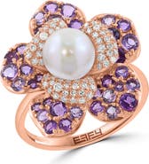 EFFY 14K Rose Gold Diamond Amethyst & Fresh Water Pearl Flower Statement Ring