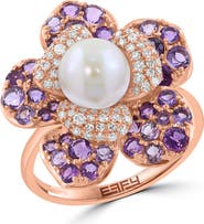 EFFY 14K Rose Gold Diamond Amethyst & Fresh Water Pearl Flower Statement Ring