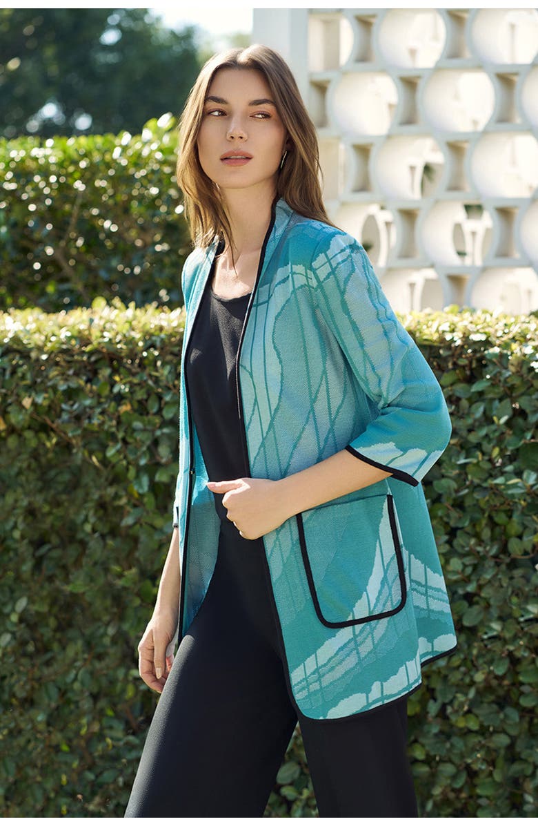 Ming Wang Heritage Geoprint Jacquard Knit Jacket, Alternate, color, Serene/Nebula/White/Black