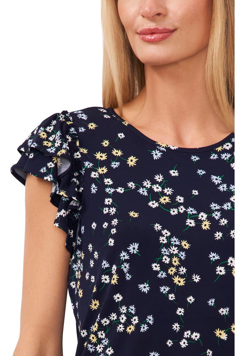 Floral Print Double Ruffle Sleeve Top, Alternate, color, NAVY J