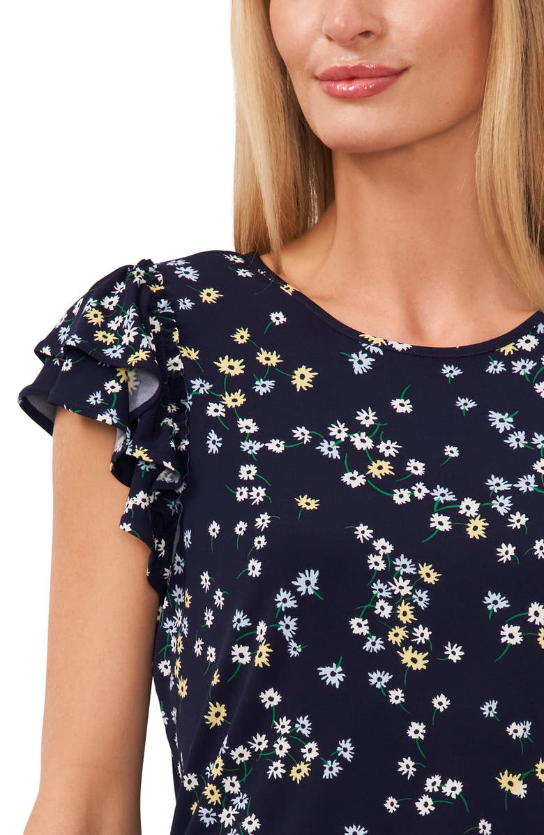 CeCe Floral Print Double Ruffle Sleeve Top, Alternate, color, Navy J