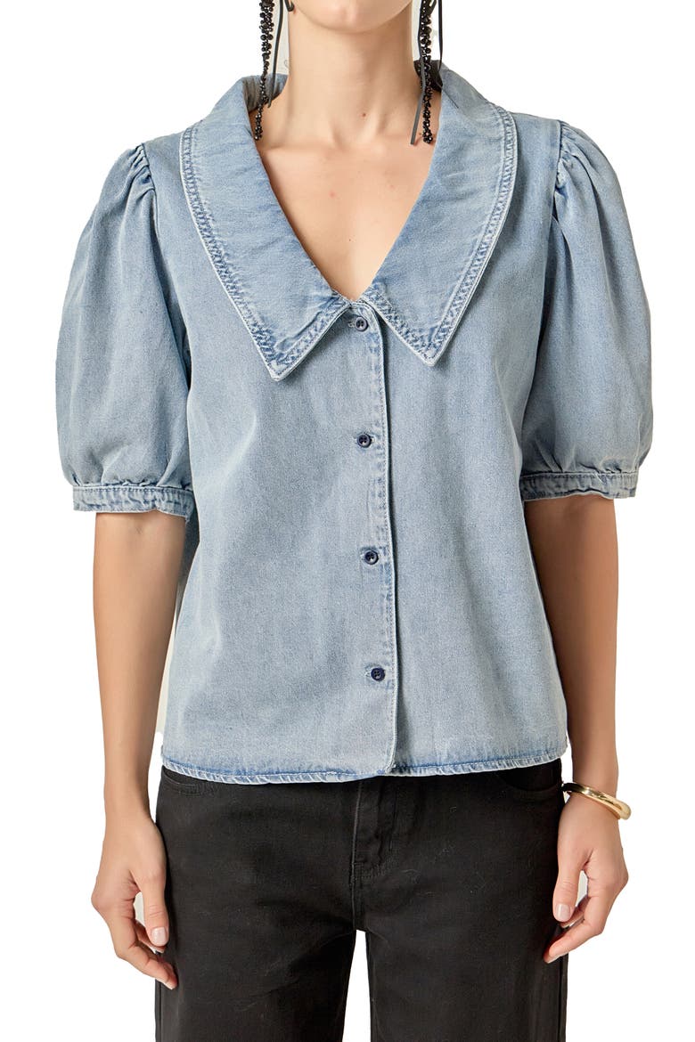 Peter Pan Collar Balloon Sleeve Denim Top, Alternate, color, BLUE
