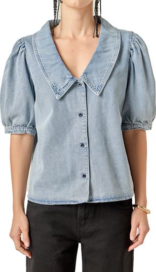 English Factory Peter Pan Collar Balloon Sleeve Denim Top | Nordstrom