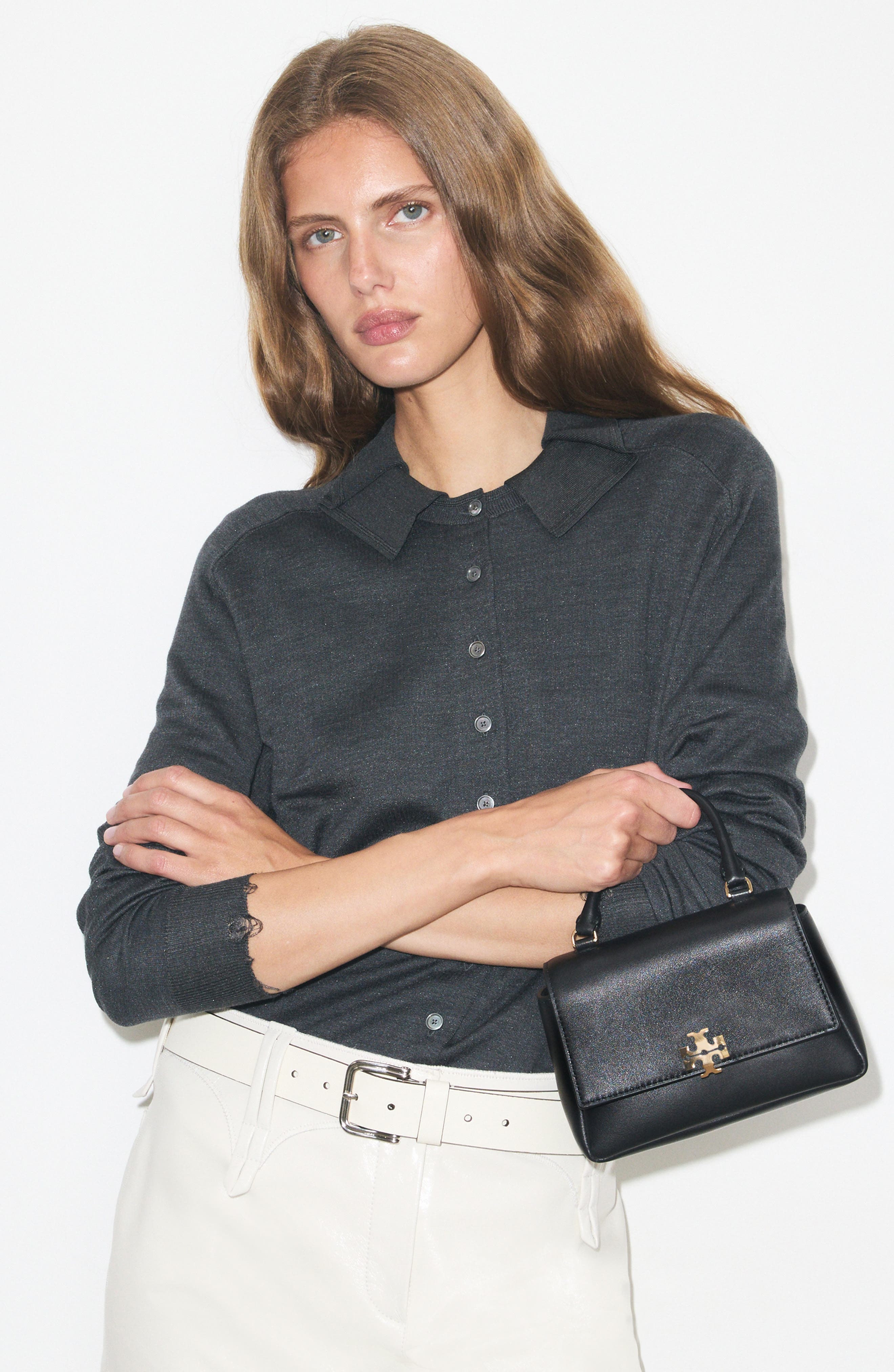 Tory Burch Charlie Leather Top Handle Bag, Alternate, color, Black