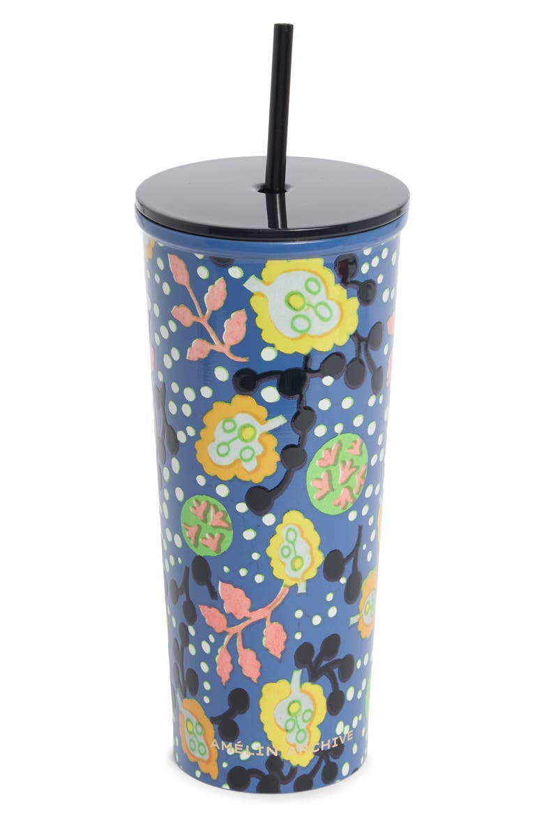 Archive Floral Stainless Steel Tumbler with Straw, Main, color, BLUE