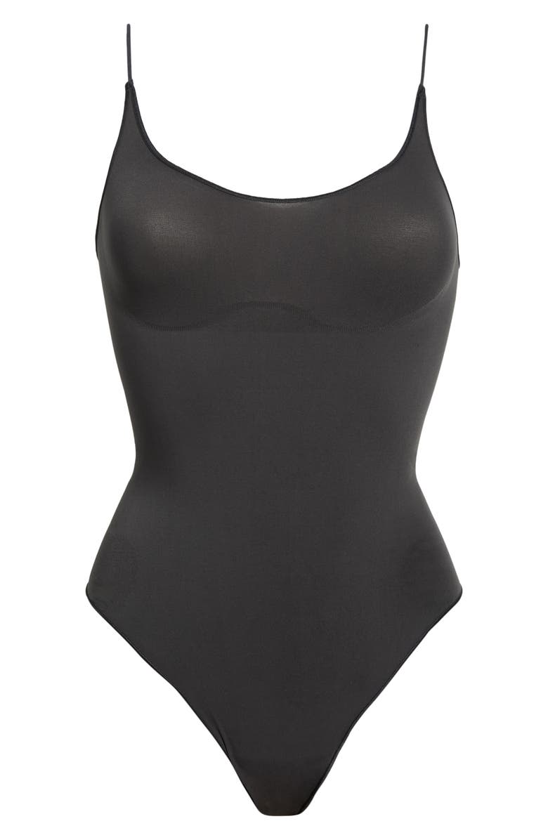 SKIMS Sheer Seamless Thong Bodysuit, Main, color, Onyx