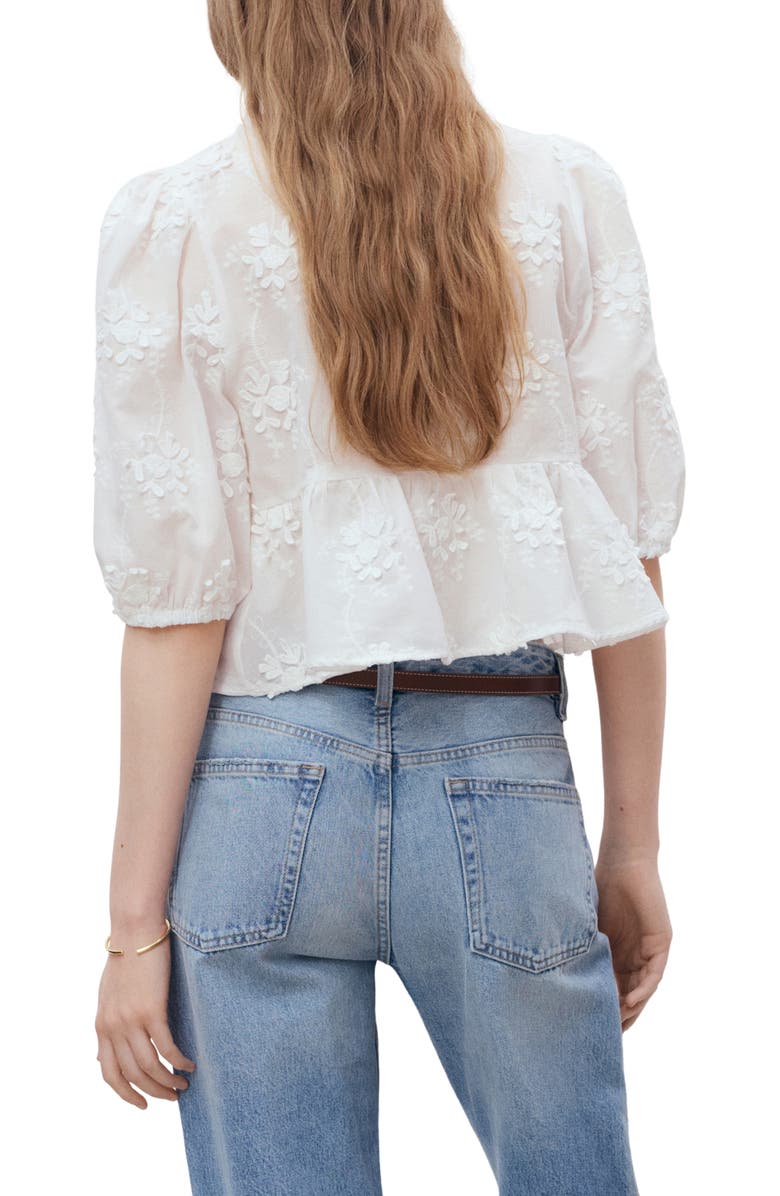 MANGO Floral Embroidery Puff Sleeve Shirt, Alternate, color, Off White