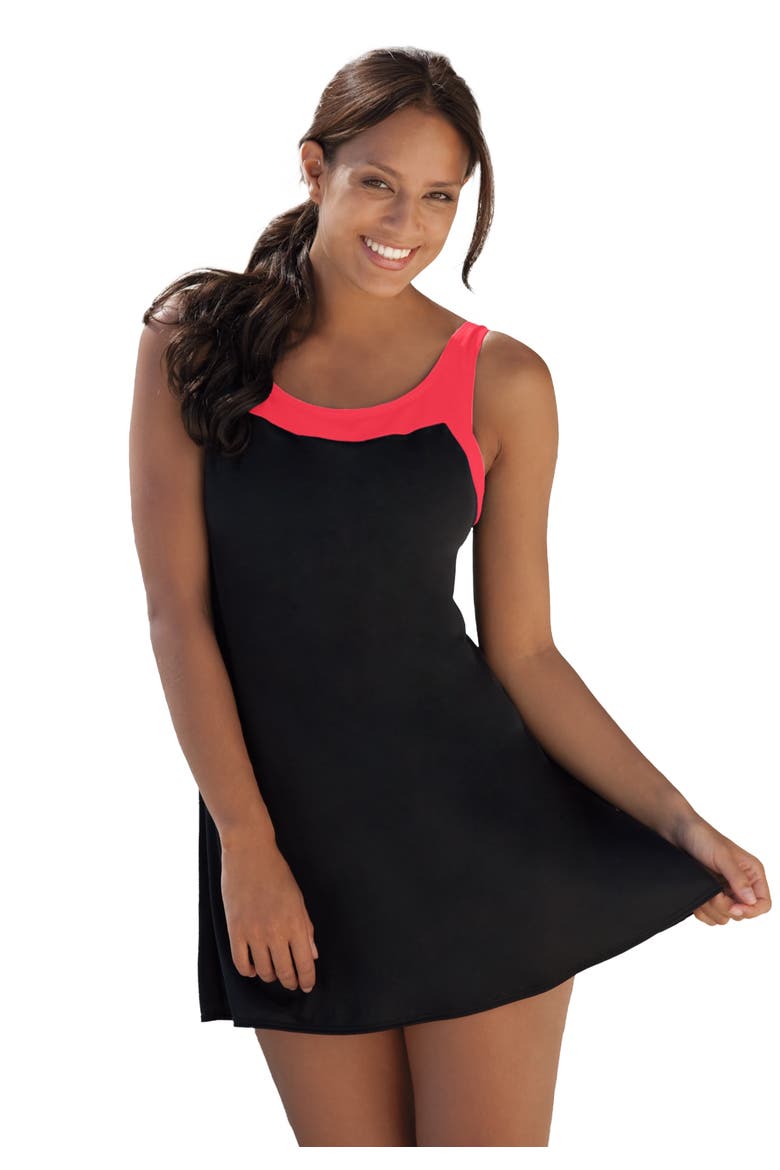 Two-Piece Colorblock Swim Dress, Main, color, BLACK CORAL RUBY
