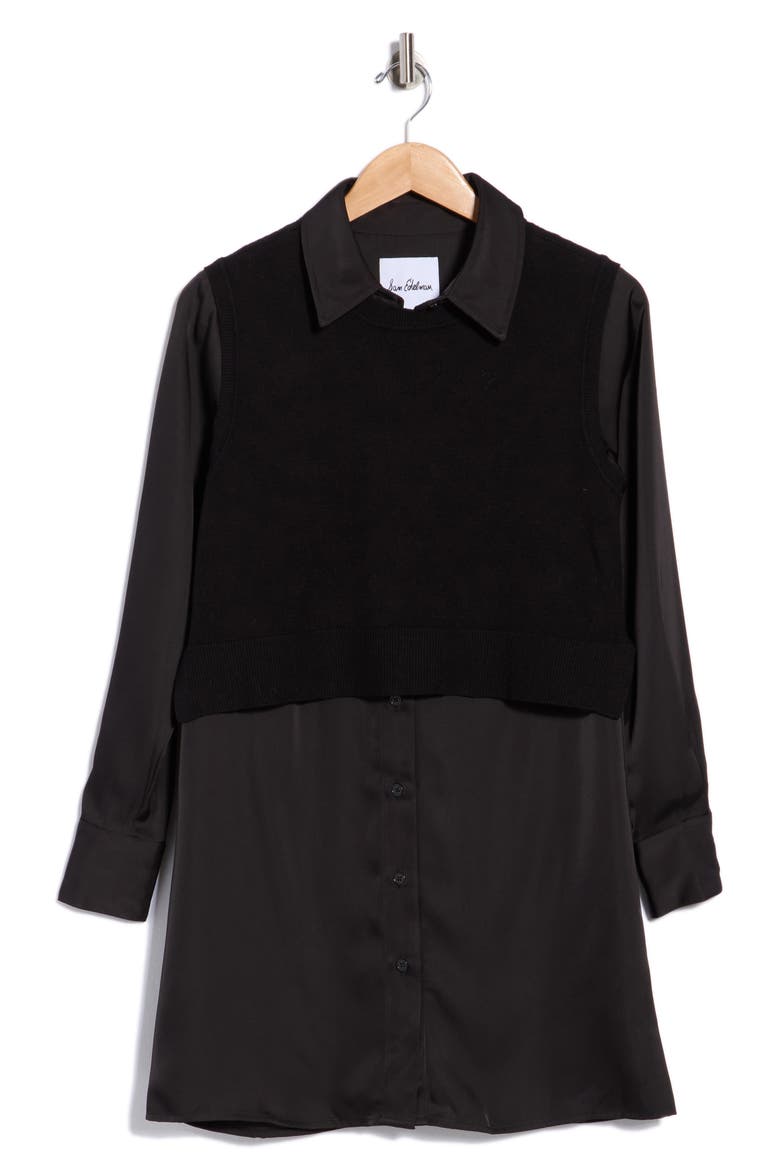 Layered Long Sleeve Shirtdress, Main, color, BLACK