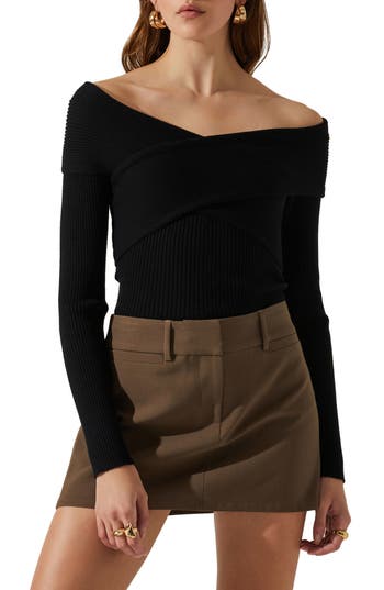 Astr The Label Zayla Crossover Off The Shoulder Rib Sweater In Black