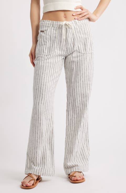 Drawstring Wide Leg Linen & Cotton Blend Pants