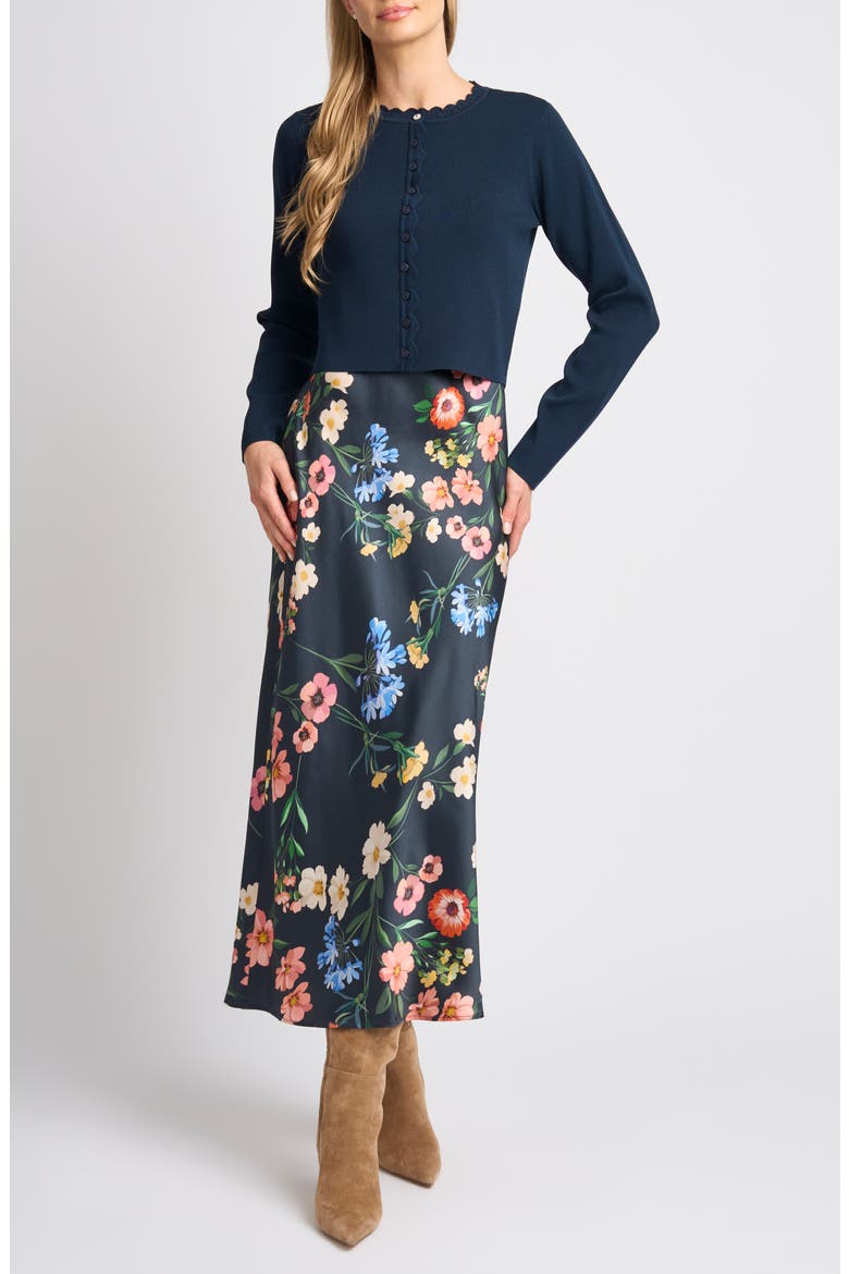 Patricia Scalloped Crewneck Cardigan & Floral Dress Set, Main, color, INDIGO NIGHT