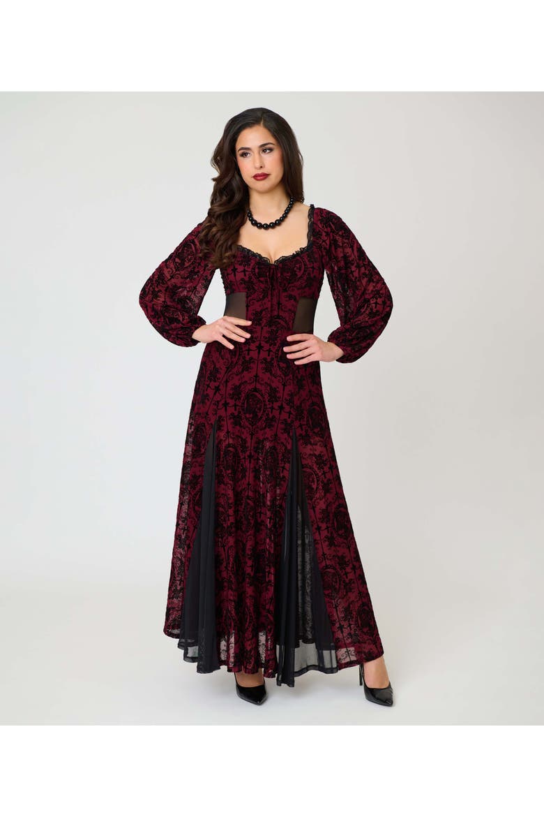 Sheer Spiderweb Godet Maxi Dress, Main, color, Red Swirling Floral Print