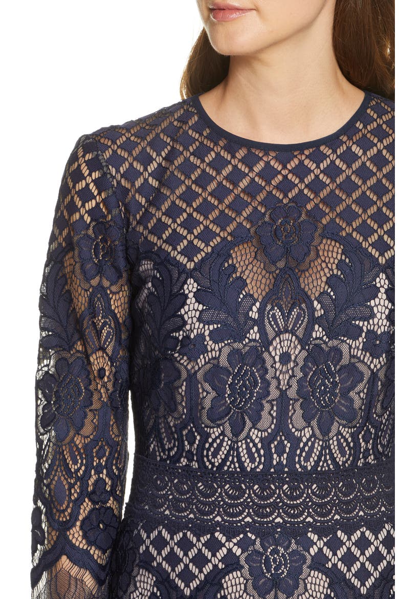 Long Sleeve Lace Cocktail Dress, Alternate, color, NAVY/ PETAL
