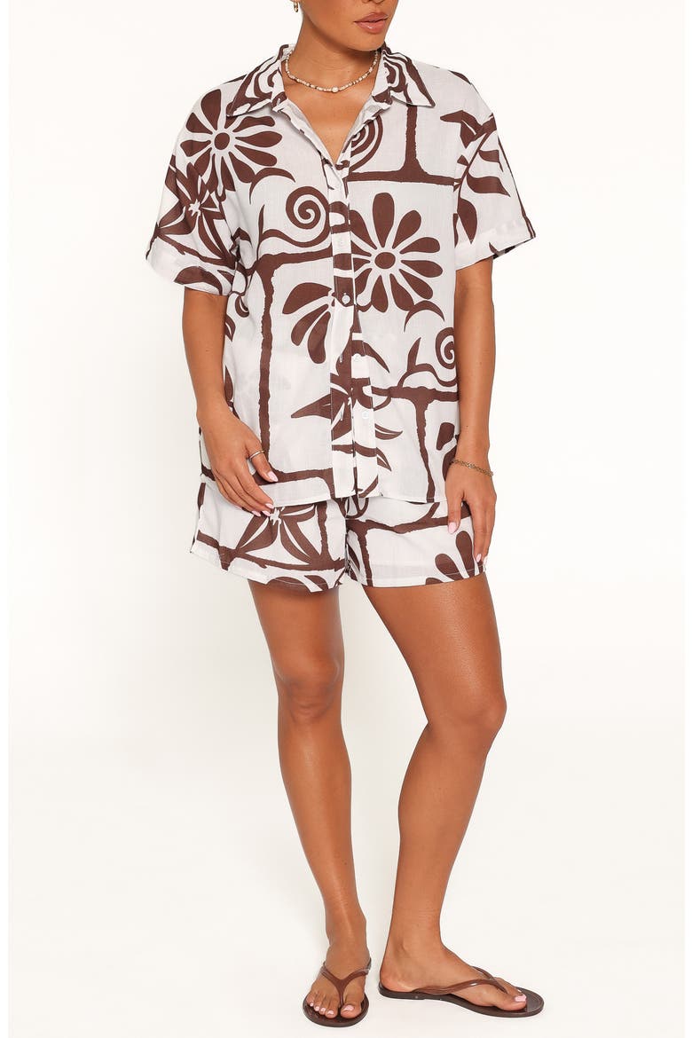 Helga Linen Blend Button-Up Shirt & Shorts Set, Main, color, BROWN WHITE