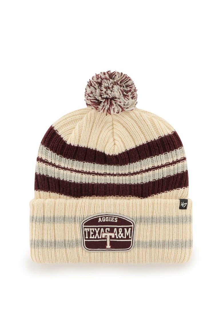 Men's '47 Natural Texas A&M Aggies Hone Patch Cuffed Knit Hat with Pom, Main, color, Natural