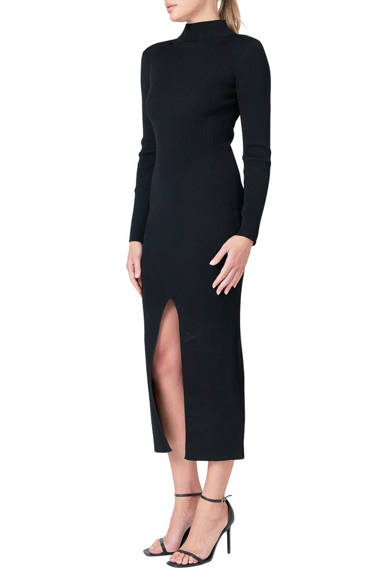 Mock Neck Long Sleeve Rib Midi Dress, Alternate, color, BLACK