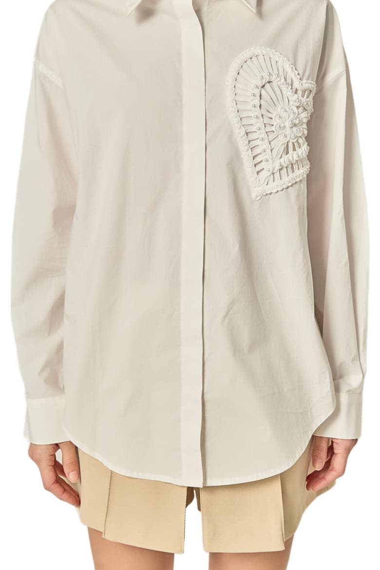 Faux Pearl Embellished Heart Button-Up Shirt, Alternate, color, WHITE