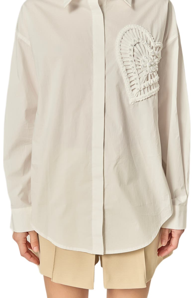 English Factory Faux Pearl Embellished Heart Button-Up Shirt, Alternate, color, White