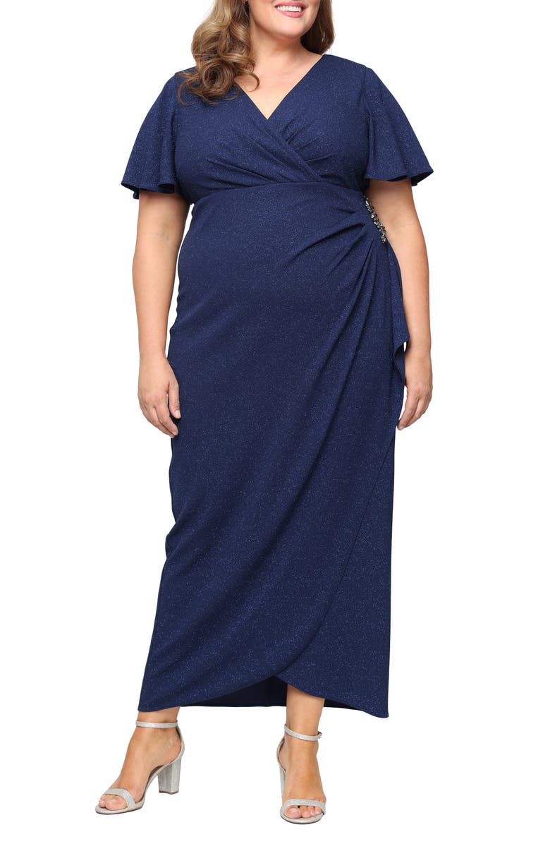 SL FASHIONS Sparkle Crystal Embellished Faux Wrap Gown, Main, color, Navy